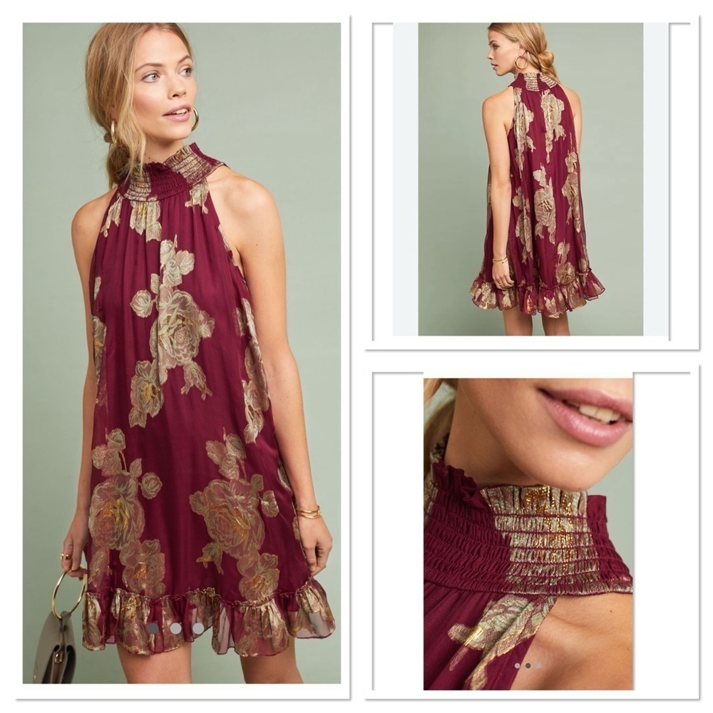 Hemant and Nandita Burgundy Dress with Gold Floral Print